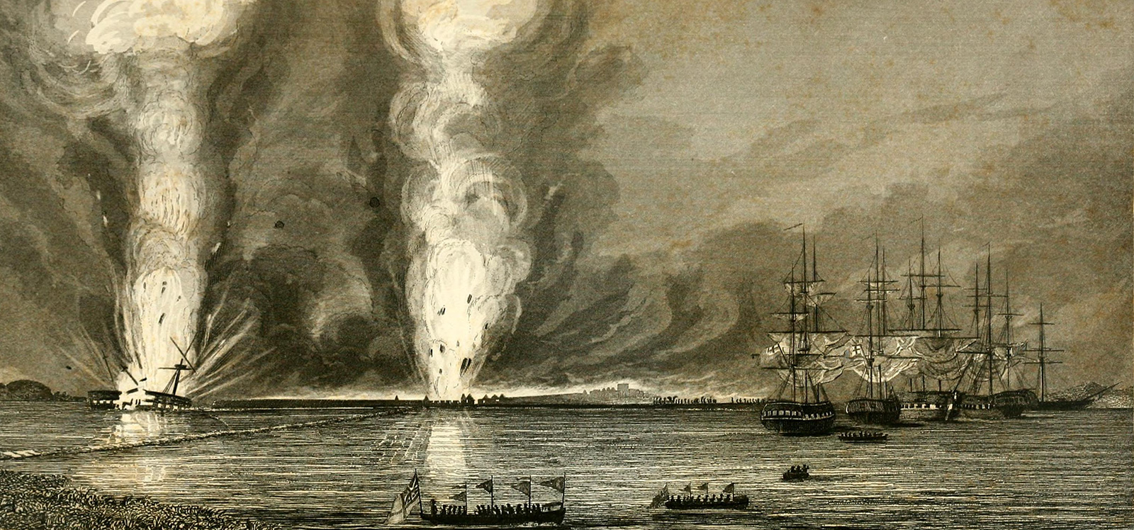 British ships destroy Chinese junks on the Pearl River in 1841.