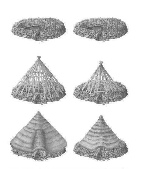 Ella Hassett's reconstruction drawings of one of the Roundhouses on Slievemore, Achaill Island.