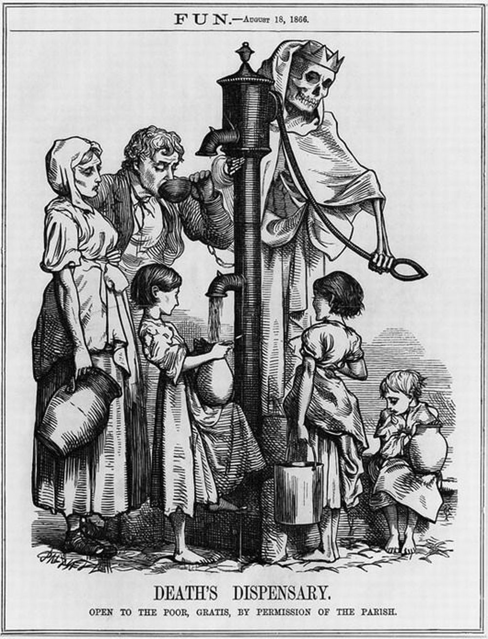 A cartoon shows how cholera was spread through infected water.