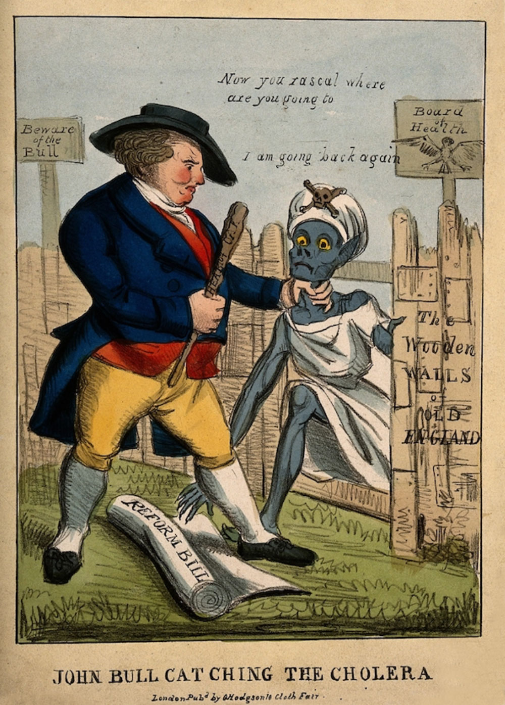 A cartoon of John Bull, the personification of England, dealing with cholera as it tried to gain access to Great Britian.