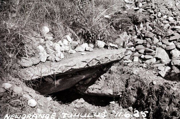 A carved lintel above the Roof-box at Newgrange, photograph from 1936.