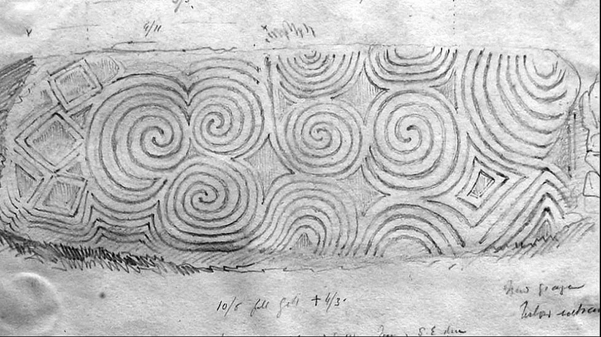 Kerbstone 1, the Entrance Stone at Newgrange illustrated by George Victor du Noyer around 1868.