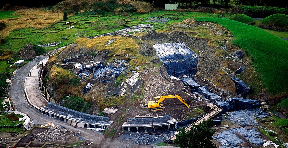 Destructive modern excavations at Knowth in the recent past. Concrete was added to the monument, a large slab being placed across the East entrance, while a large concrete bunker was inserted into the monument. Photograph from an article in the New York Times.