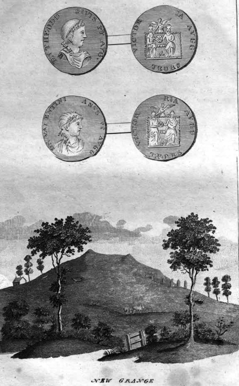 Illustration of Newgrange from Antiquities of Ireland by Edward Ledwich, published in 1790, showing some of the Roman coins found on the mound.