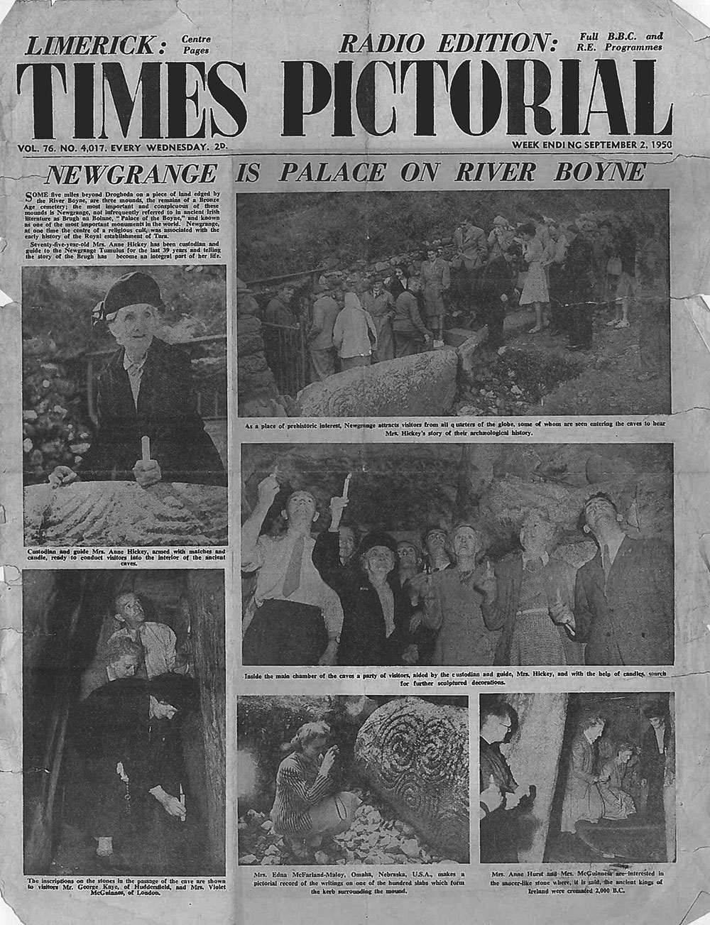A newspaper article about Newgrange featuring Mrs Ann Hickey from 1950.