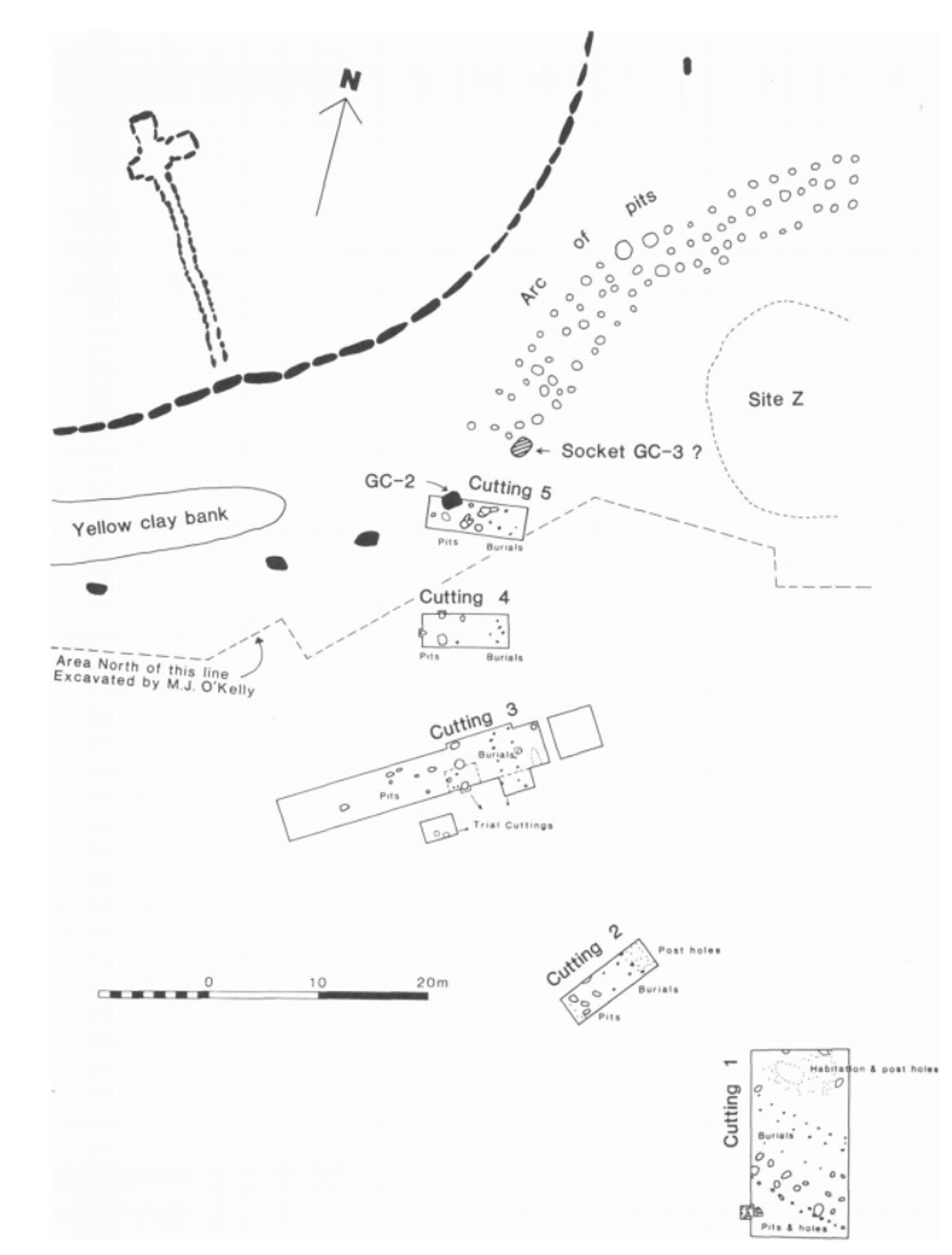 Plan of the excavation of the Newgrange Pit-circle from David Sweetman's report.