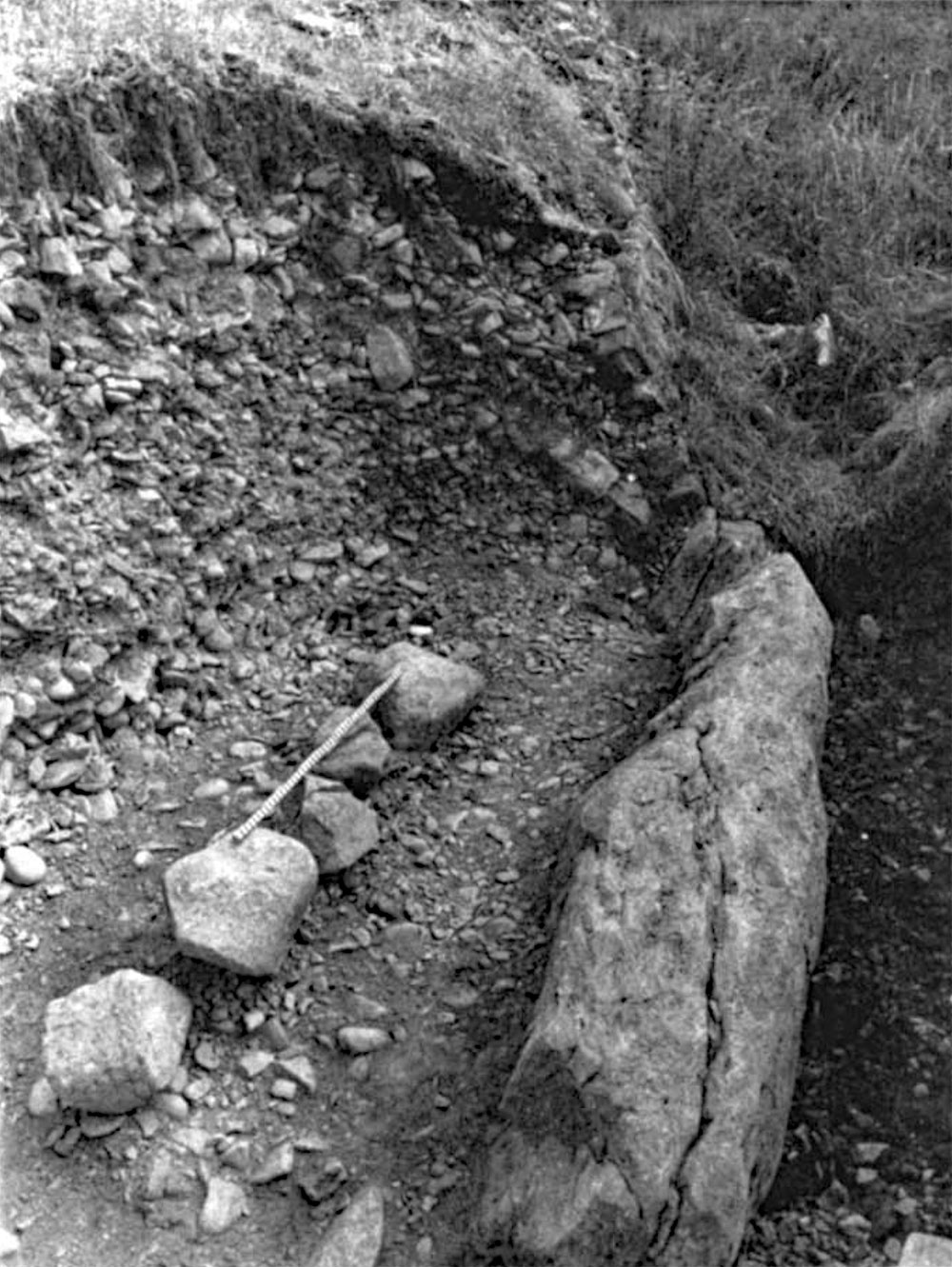 Part of the line of boulders over kerb-stones 48, 49 and 50, the base course of the original revetinent wull on the north side of the mound. Scale 1.0 meter.