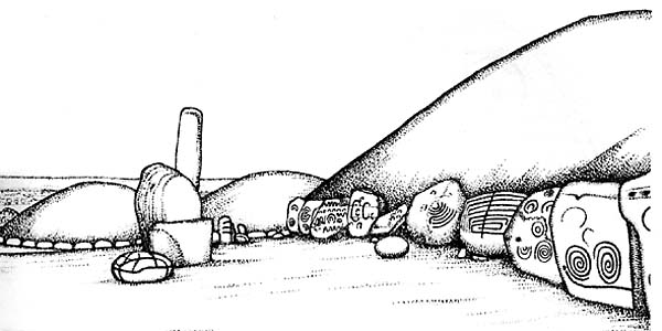 One of Martin Brennan's illustrations of Knowth which shows the extent of the decoration
          on the kerbstones.
