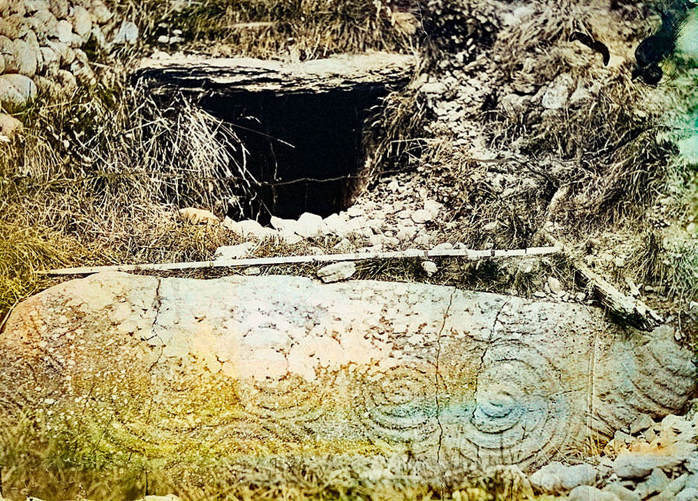 One of the first photographs of Newgrange showing the elabourately decorated Entrance Stone, Kerbstone 1, which is covered with a wonderful set of interconnected spiral carvings. The photo probably dated to around 1880.