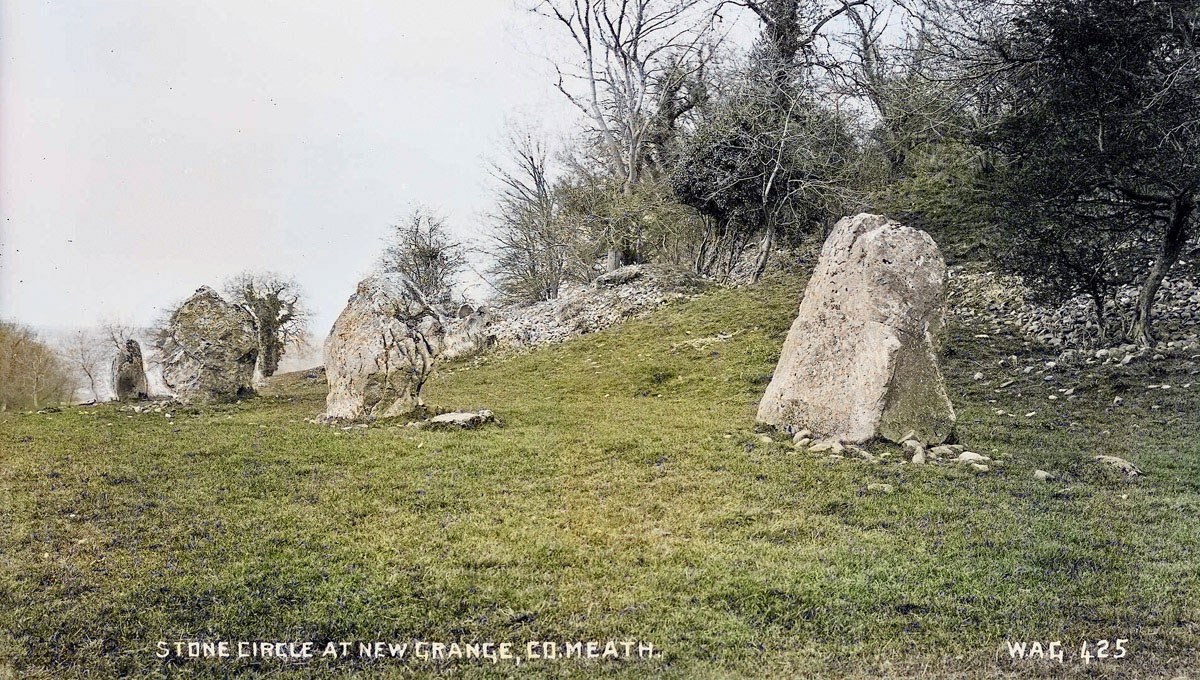 The Great Circle at Newgrange in a pre-restoration photograph of the monument taken by Belfast photographer William A. Green.