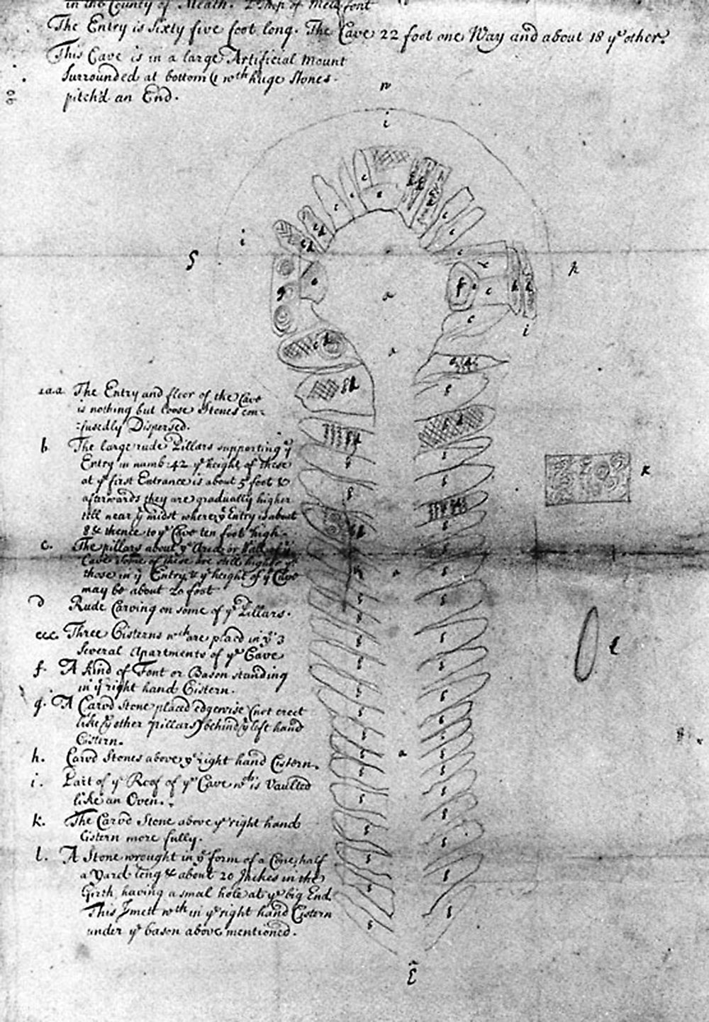 First plan of Newgrange, from the report from Edward Lhwyd.