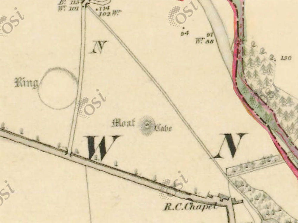 The Monknewtown mound marked as a Moat with a cave on the 1837 Ordinance Survey map.