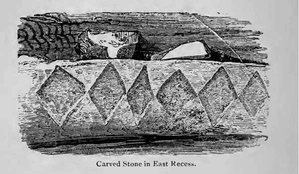 A carved stone in the east recess of Newgrange, by William Wakeman.