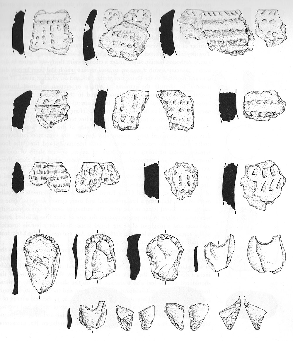 Samples of Carrowkeel Ware and arrowheads found during excavations at Townley Hall passage grave in 1960. Image from Irish Passage Graves by Michael Herity.