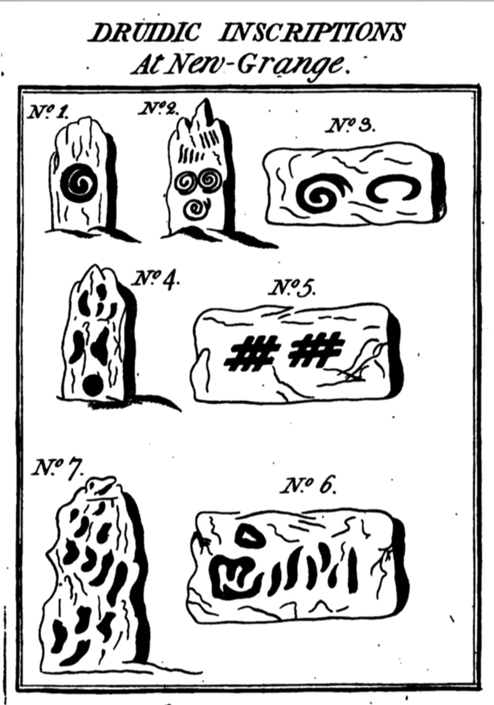 Druidic inscriptions form Newgrange, illustration from Charles Vallancey's Collectanea de Rebus Hibernicus, 1790.