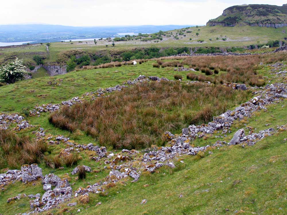 An 18th century field overlooks the neolithic village at Doonaveeragh.