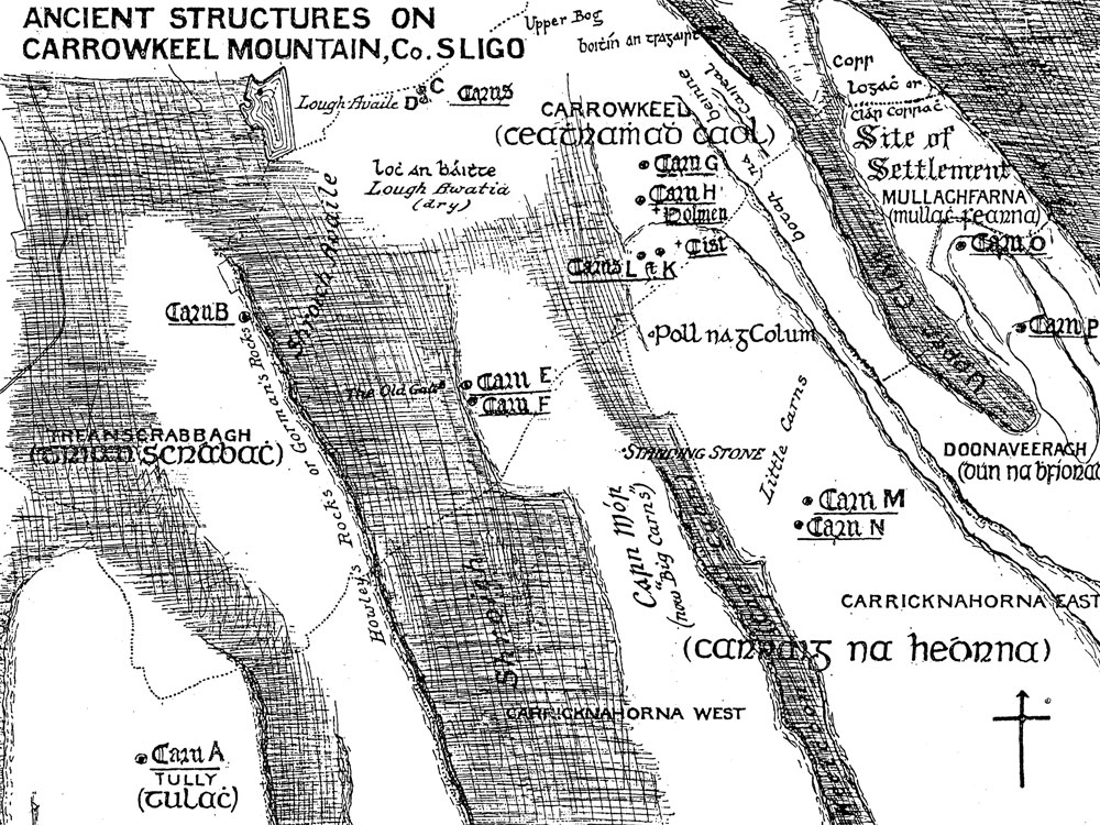 Macalister's map of the ridges and principal cairns at Carrowkeel, 1911.