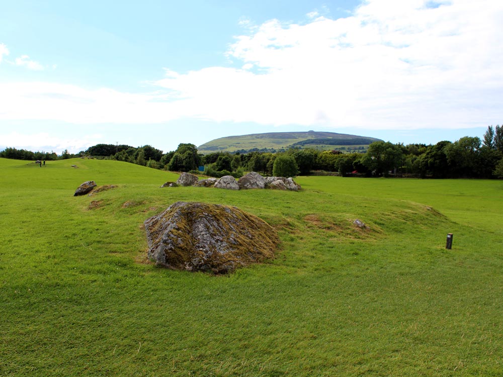 The view west from Circle 56 at Carrowmore. The large triangular stone in the foreground is the capstone of the chamber, probably lifted from the chamber by Roger Walker in the 1830's.