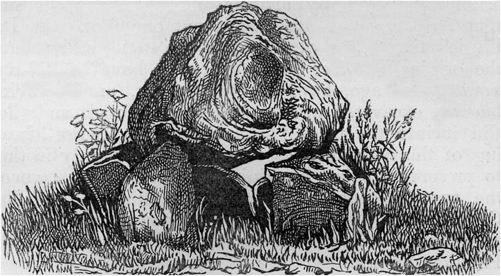 This cromleac is quite perfect, and stands about five feet high. There are five supports for the capstone, which measures about fourteen feet in circumference. It stands near the middle of a field, and formerly had a stone circle around it about forty feet in diameter, consisting of forty large stones. When Dr. Petrie visited it in 1837, he found twenty-one of these still there. In 1883 these were all gone but one!