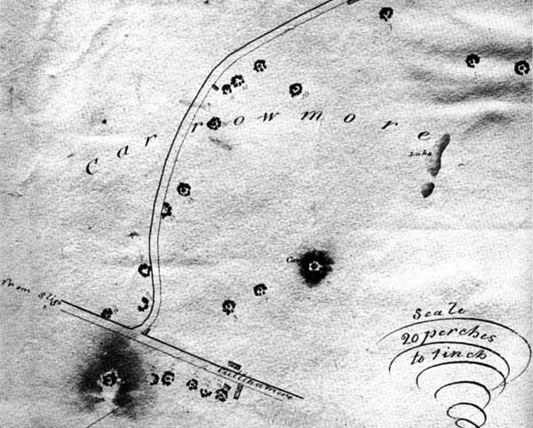 Gabrial Beranger's map of Carrowmore from 1779 shows Monument 4 with a complete ring of stones, an intact circle of gneiss boulders.