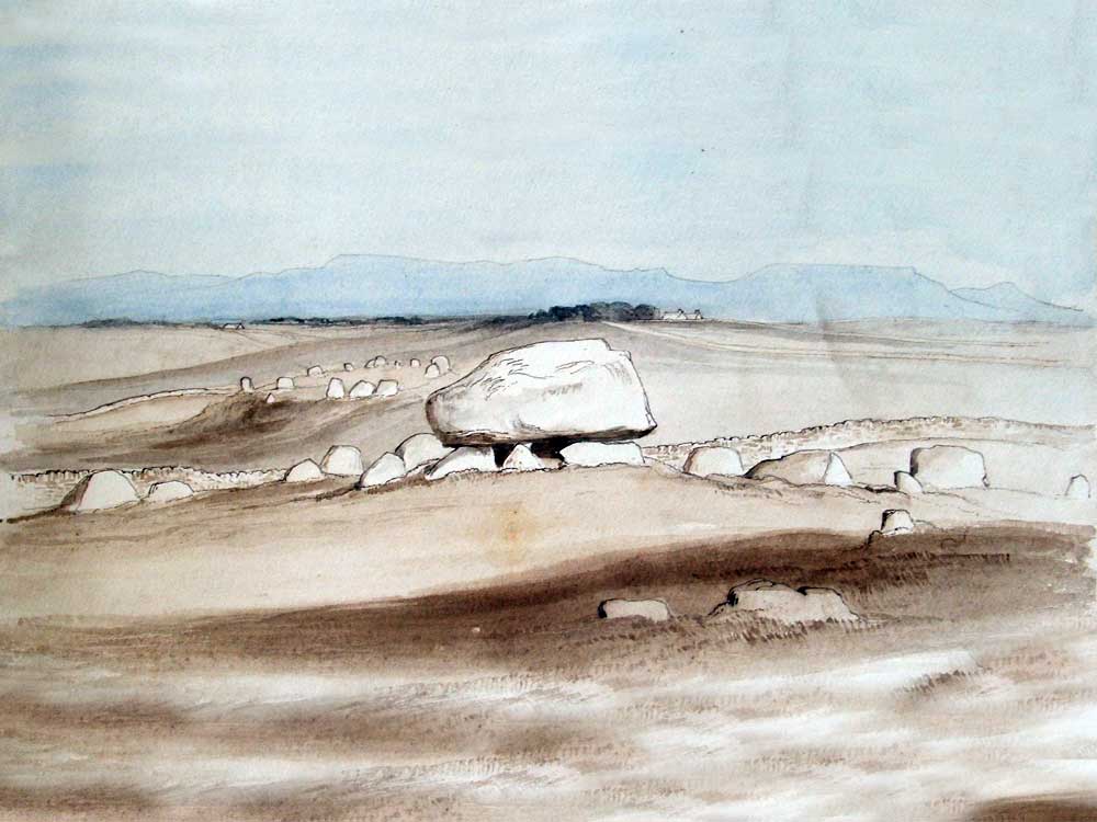 Dolmen  37 at Carrowmore with  Circle 32 beyond, by William Wakeman.