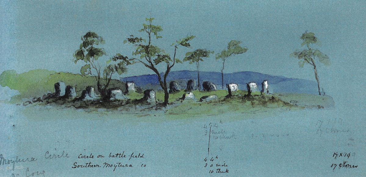 The smallest of the four stone circles at Glebe or Nymphsfield close to the village of Cong. The watercolour was painted by an unknown artist around 1880 or 1890.