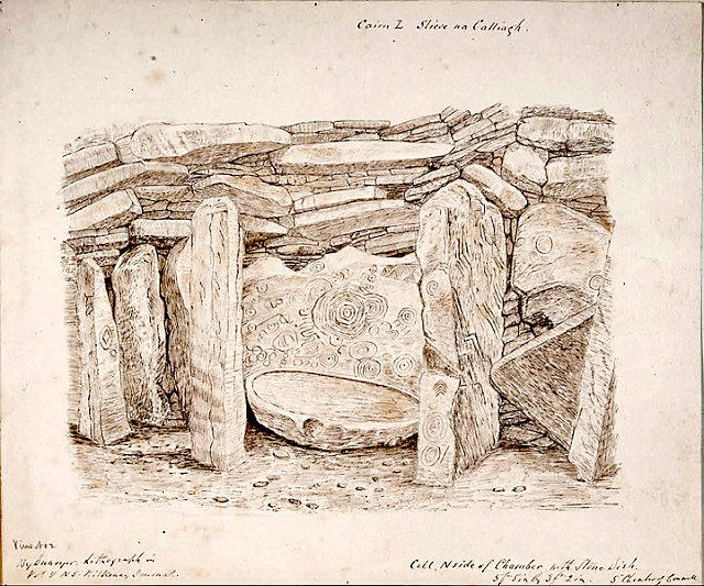 An amazing watercolour of the interior of Cairn L, showing the largest of the Loughcrew basins, by George Victor DuNoyer.