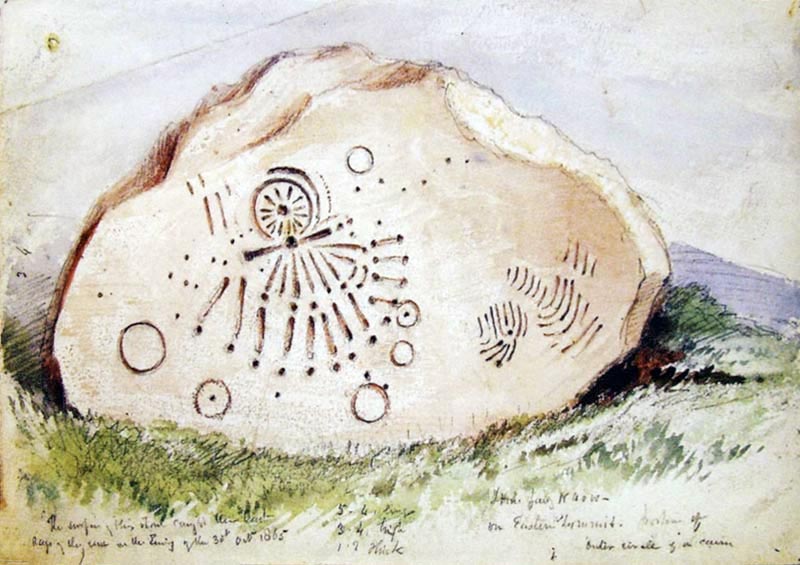 A beautiful watercolour of the Loughcrew sundial - an engraved stone, possibly the back stone of the ruined monument called Cairn X1 at Loughcrew, by George Victor DuNoyer.