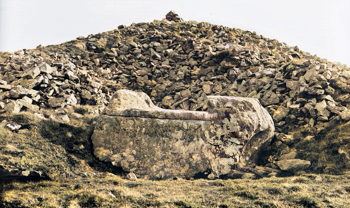 The Hag's Chair, a large throne-like kerbstone at Cairn T in Loughcrew.