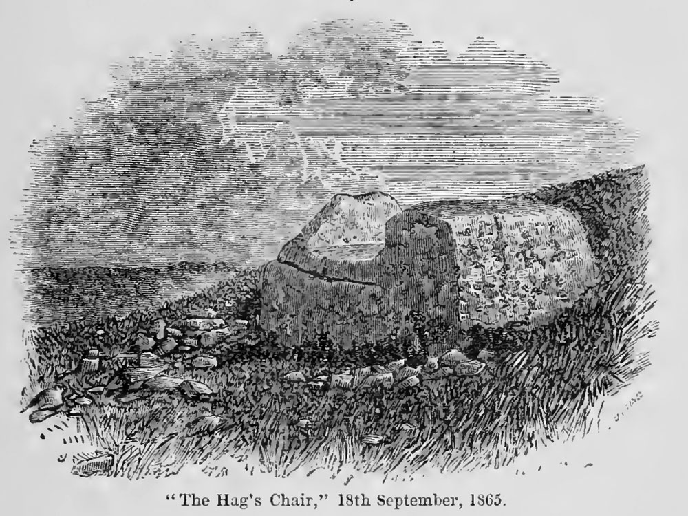 The Hag's Chair, an engraved kerbstone at Cairn T in Loughcrew. Illustration by George Du Noyer.