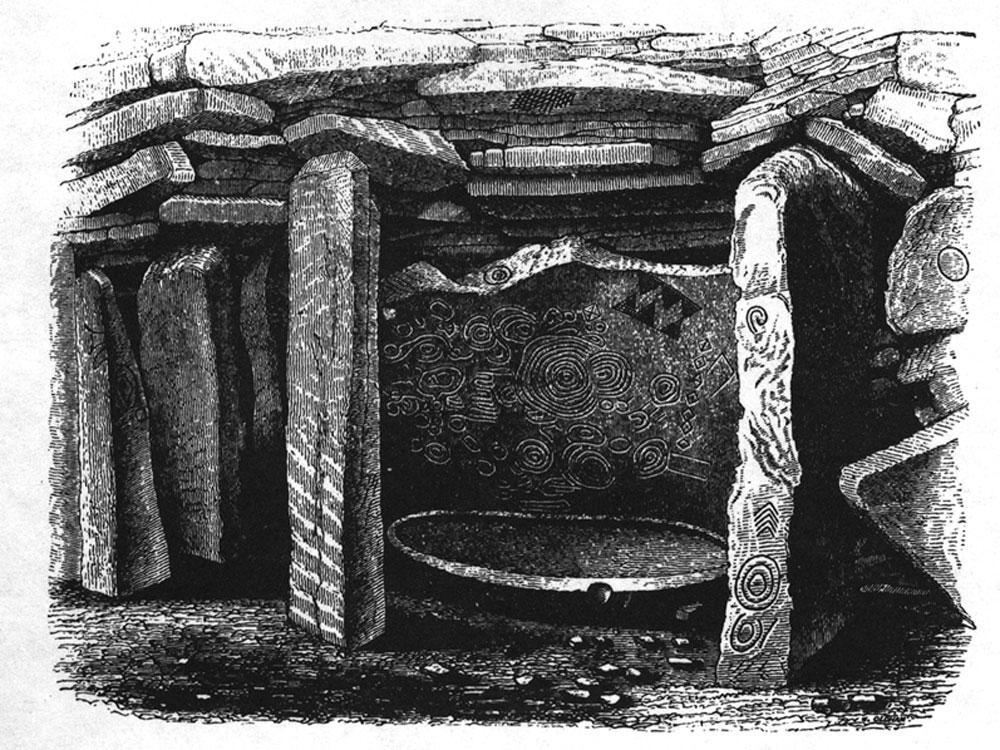 Conwell's
        illustration of the Whispering Stone and large basin in the right hand recess of Cairn L. From about 1870.