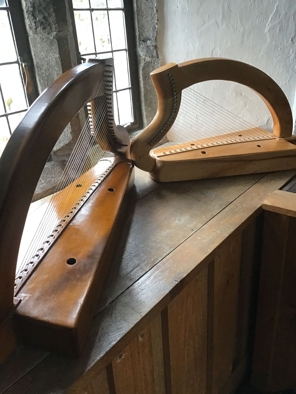 Two wire-strung harps in Parke's Castle.