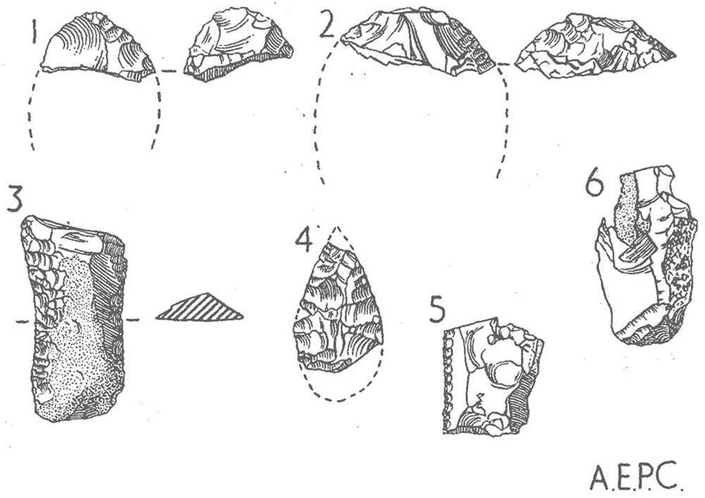 The flint artefacts found in the passage-grave at Knockmany in County Tyrone; illustration from the report on the excavations in 1952.