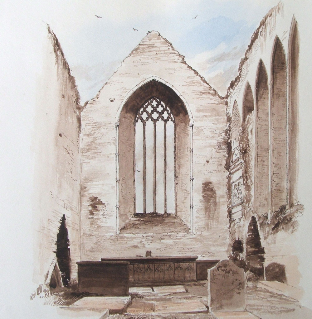 A beautiful watercolour of the interior of the Dominican Priory in Sligo, painted by the archaeological artist William Wakeman. The priory, the oldest surviving medieval building in Sligo, was used as a mass grave during the 1832 cholera epidemic, and a number of people are recorded to have been buried alive at the time.