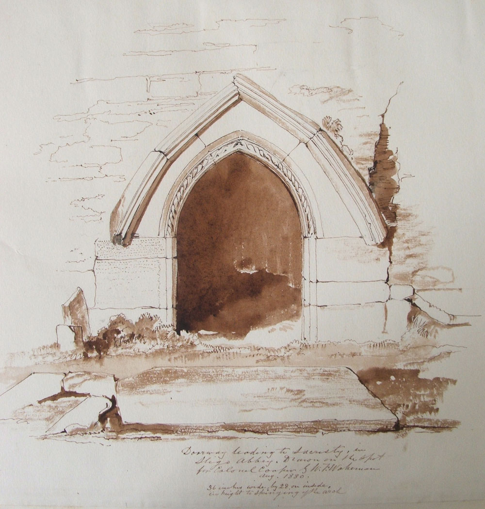An illustration of the entrance to the sacristy within Sligo Abbey by William Wakeman, dated August 1880. At the time the ground level was much higher than it is today, due to the enormous abount of burials.