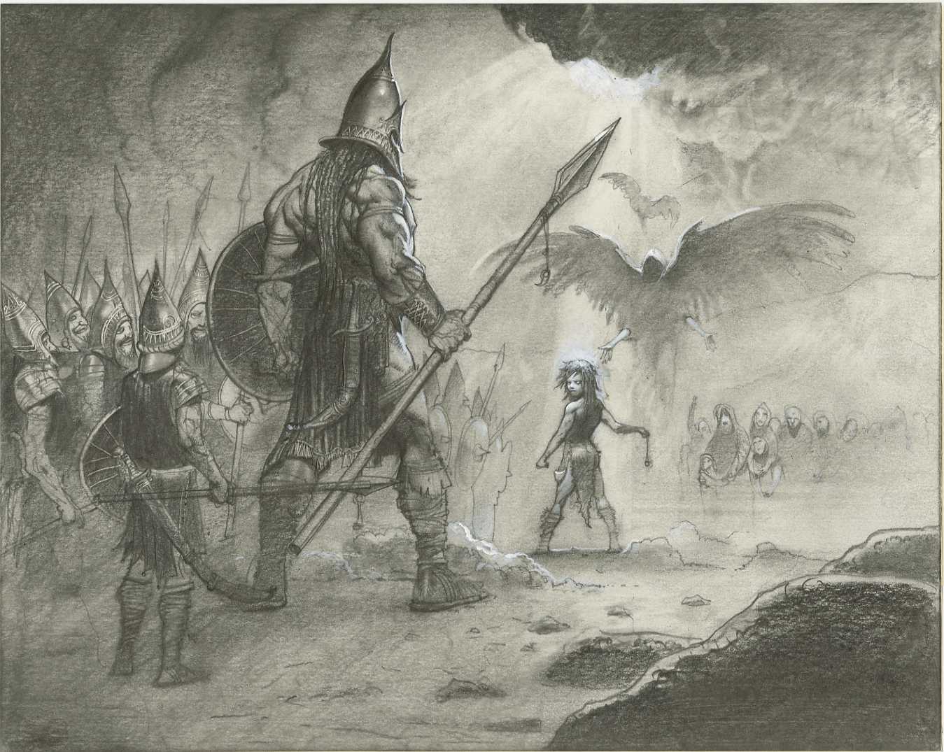 An illustration of David and Golieth.