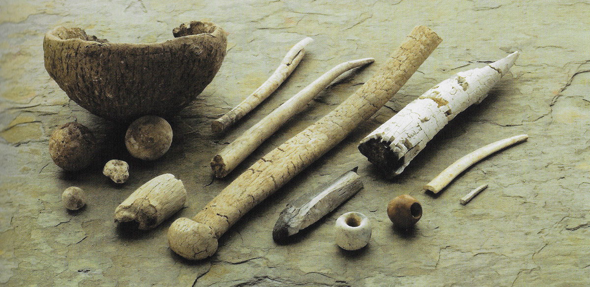 Antler pins and beads from the Mound of the Hostages at Tara.